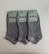 Three pairs of gray socks with Sage packaging on a light gray background