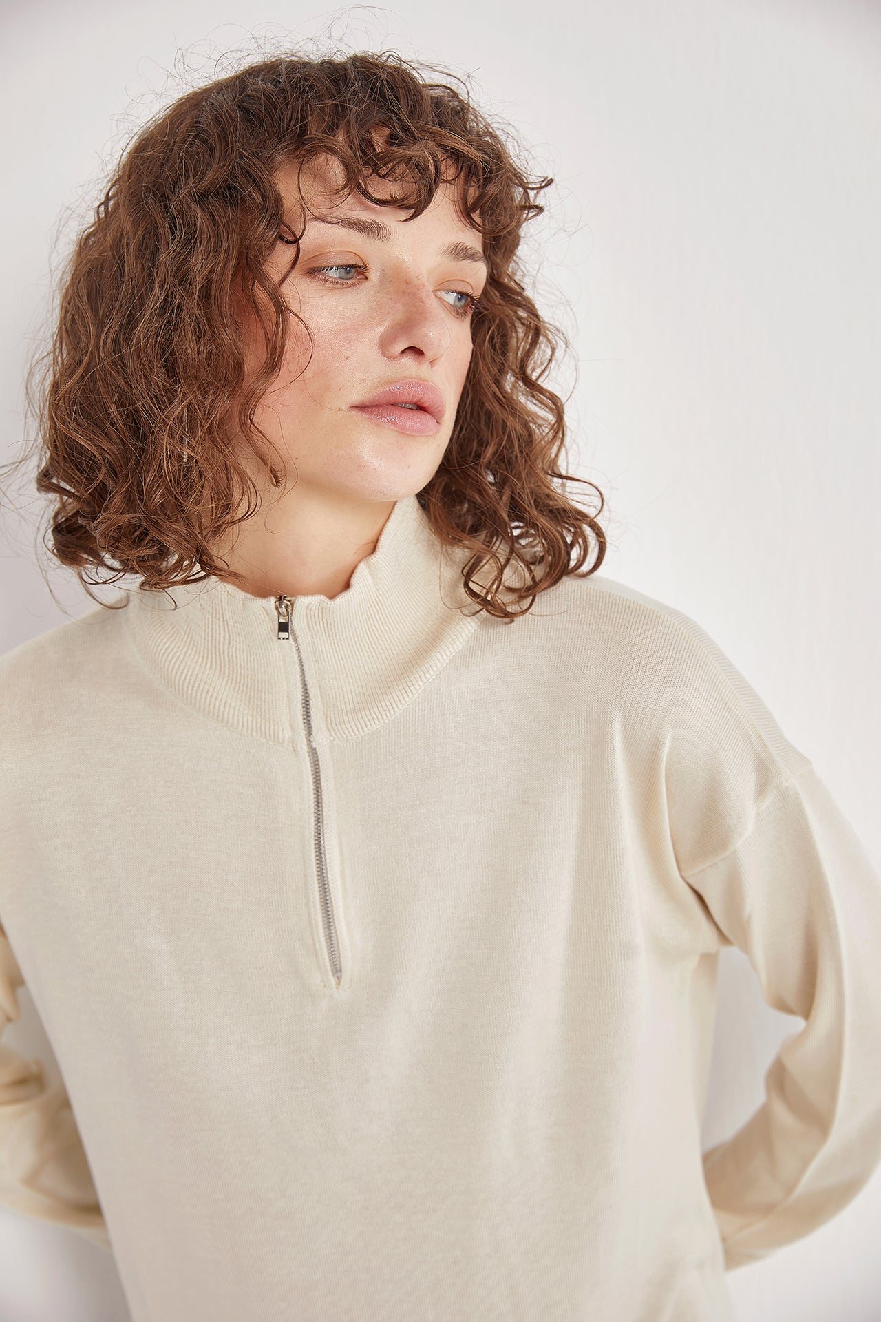 High-Neck Cotton Knit Dress with Zipper - Ivory - Sage Collection