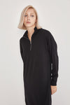High-Neck Cotton Knit Dress with Zipper - Black - Sage Collection